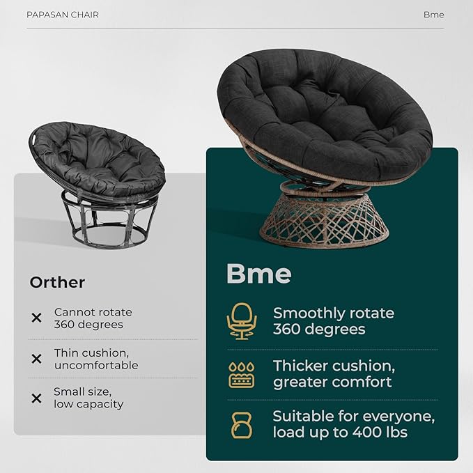 Bme 40 Ergonomic Wicker Papasan Chair with Soft Thick Cushion &amp Frame 360° Swivel Circle Reading Comfy Chair for Living Room Bedroom