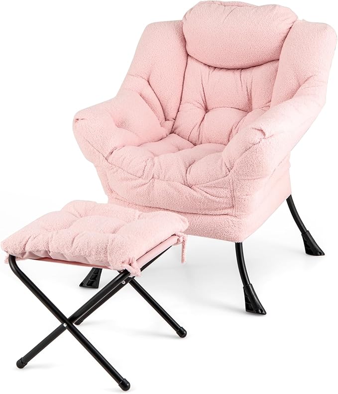 HOMGX Lazy Chair with Ottoman Modern Accent Chair w/Folding Footstool &amp Side Storage Pocket Upholstered Comfy Reading Chair for Bedroom Living Room Office (Pink)