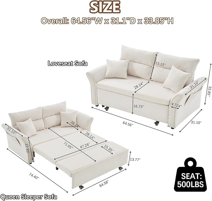 Gexpusm Futon Sofa Bed Queen Size3-in-1 Convertible Sleeper SofaPull Out Bed with Side PocketLoveseat CouchModern Futon Couch for Living RoomSmall SpaceApartmentBedroom (White Corduroy 64) |