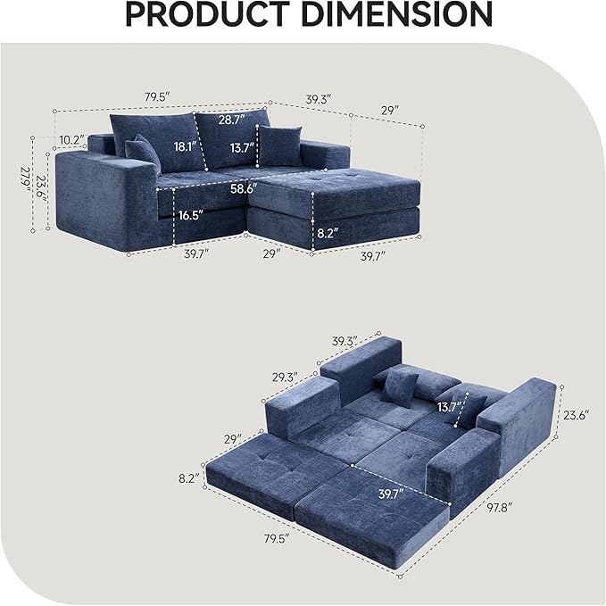Boneless Sectional Loveseat Couch with Ottoman Convertible Tufted Button Modular Floor Sleeper Sofa Bed Comfy Foldable Compression Love Seat Sofa for Living Room No Assembly Blue