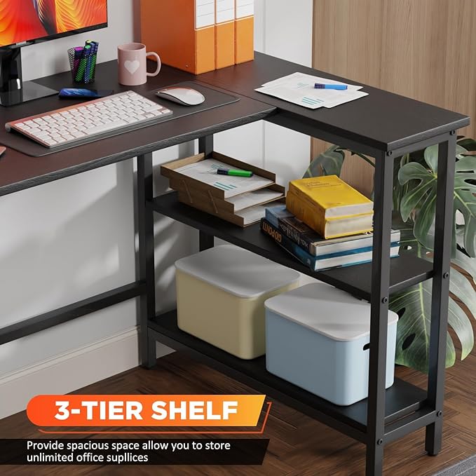 L Shaped Computer Desk 43 Inch Corner Desk with Reversible Storage Shelves Home Office Desk with Metal Frame Modern Simple Style for Home Office Living Room Bedroom Black