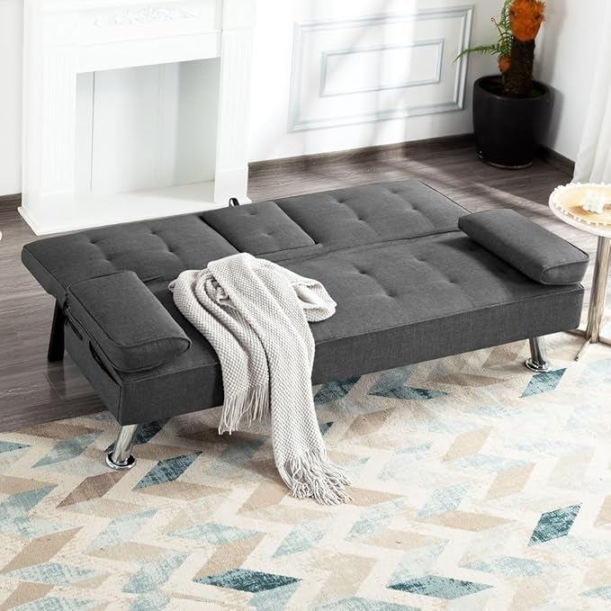 Sofa Bed Adjustment Sofa Double-Sided Double Sofa Folding Sofa Bed GuestbedcupholderBed Modern PU and Polyester Lounge Chair (Dark Grey)