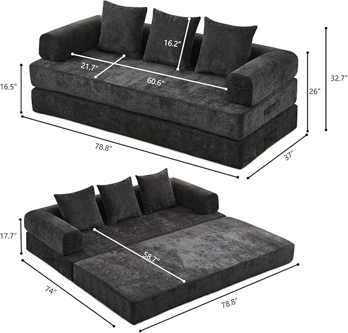 79 Inch 4-in-1 Convertible Sofa Bed Boneless Couches Chenille Folding Sleeper with Pull Out Bed Floor Futon Modular Lounge Loveseat compressed sofa No Assembly Required for Living Room (Black)