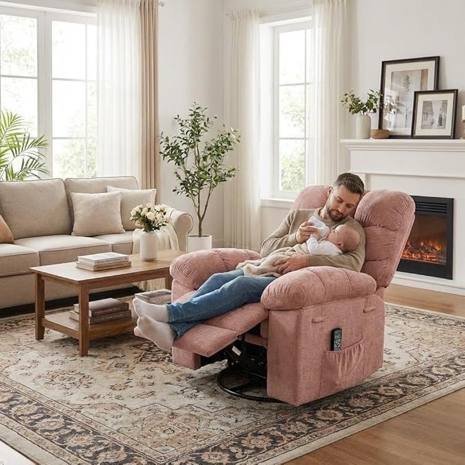 GarveeHome Rocker Recliner Chair with Vibration Massage and Heat 360° Swivel Recliner Sofa with Side Pocket Single Reclining Chair for Living Room and Bedroom Pink