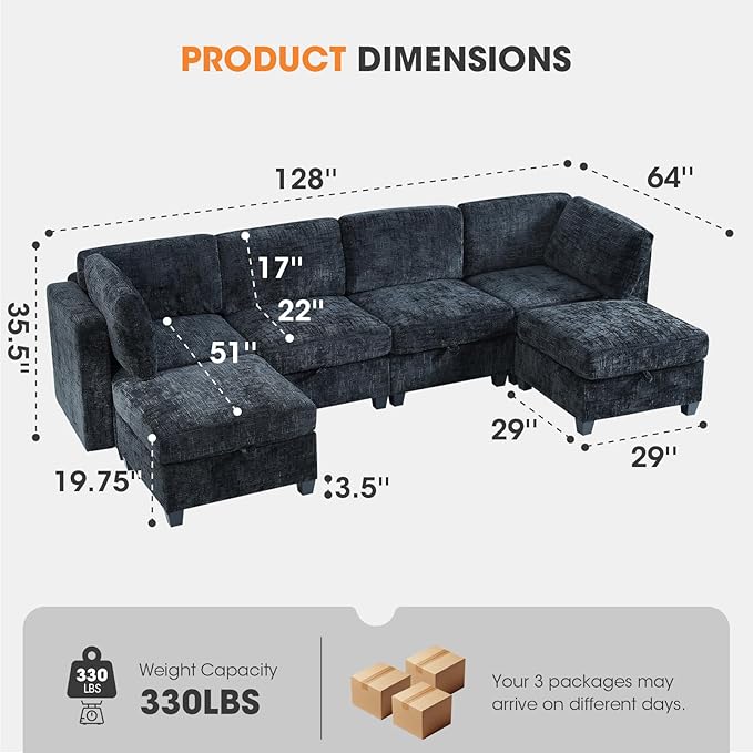6 Seat Modular Sectional Sofa with Storage Convertible Sectional Couch Modular Sofa with Chaise Living Room Furniture Sets U Shaped Couch with Ottoman Couches for Living Room Black Textured