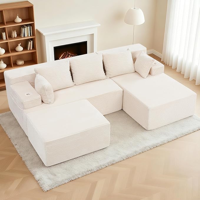 Boneless Couch Cloud Modular Sectional Sofa Modern Convertible L Shaped 3 Seat Deep Seat Boneless Couches with 5 Pillows for Living Room Apartment (Beige Right Facing Chaise+Ottoman)