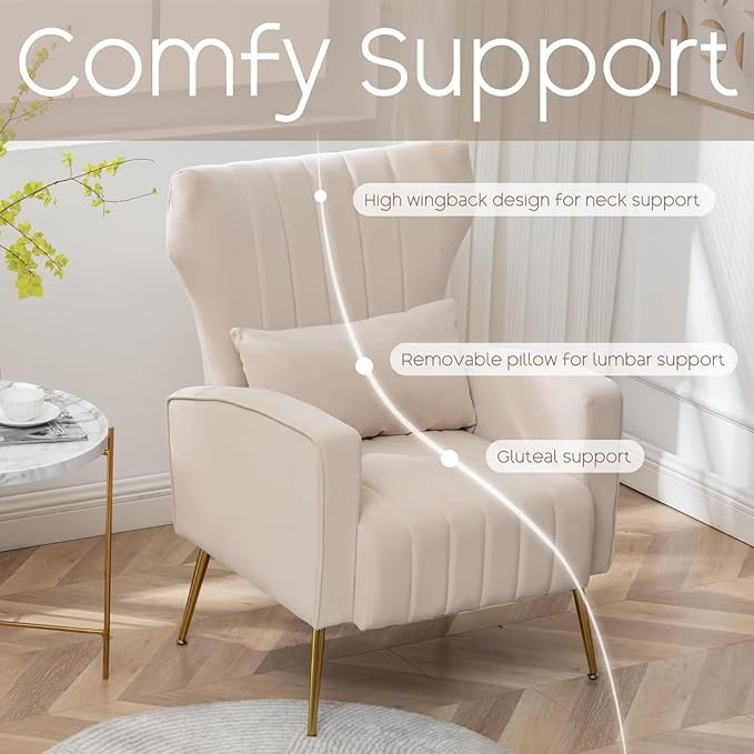 Velvet Accent Chair Set of 2Wingback Armchair for Living Room HighBack Reading Chair with Golden Legs Lumbar Pillow Upholstered Single Sofa Comfy for Bedroom Apartment Small Spaces Beige