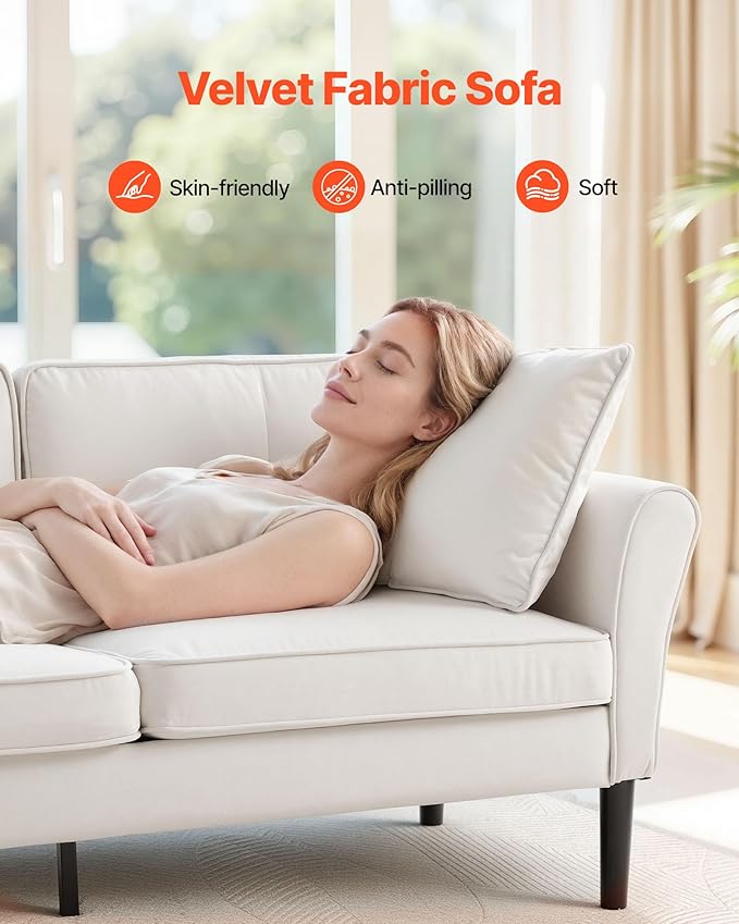 VEVOR Loveseat Sofa 69-Inch Small Sofa Couch for Living Room Velvet Fabric 2-Seats Couch with Sinuous Spring Soft Cushions and Sturdy Frame Comfy Loveseat for Bedroom Office or Apartment White