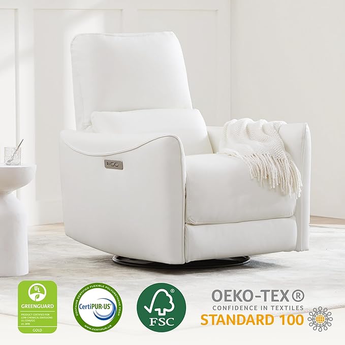 CHITA Power Recliner Chair Swivel Glider FSC Certified Upholstered Faux Leather Living Room Nursery Reclining Sofa Chair with Lumbar Support White