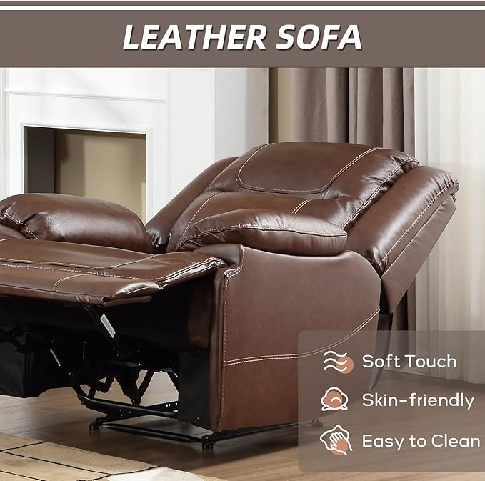 EBELLO Genuine Leather Manual Recliner Chair Reclining Sofa Chair Couch for Living Room Bedroom Furniture Meeting Room Brown