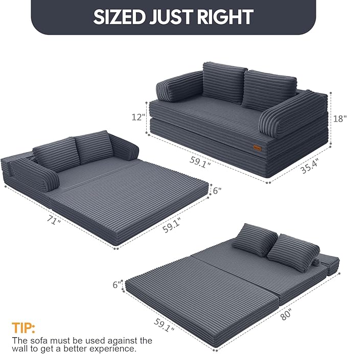 MeMoreCool Convertible Sofa Bed Folding Floor Couch Bed Queen Pull Out Sleeper Couch with Pillows Fold Out Futon Sofa for Bedroom Living Room Small Space Corduroy Grey