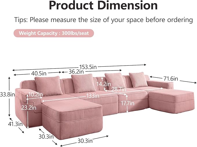 153.5 Boneless Sectional Couch for Living RoomCorduroy Cloud Sofa with Deep Seats and Wide Armrests Memory Foam Sofa 4 Seater Pink Sofa for Apartments