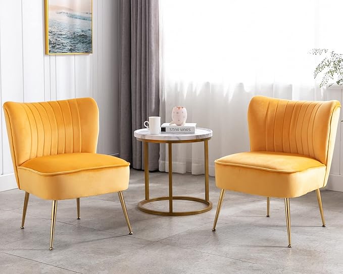 CIMOTA Velvet Accent Chairs Set of 2 Modern Armless Slipper Wingback Single Sofa Side Chair Comfy Corner Chair with Golden Legs for Living Room Bedroom Yellow