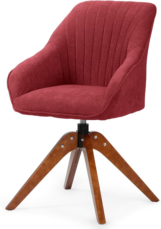 Athena Collection Swivel Modern Accent Chair Linen Upholstered Armchair Office Desk Chair No Wheels with Wooden Legs Comfy Vanity Chair Reading Chair for Bedroom Living Room Office Red
