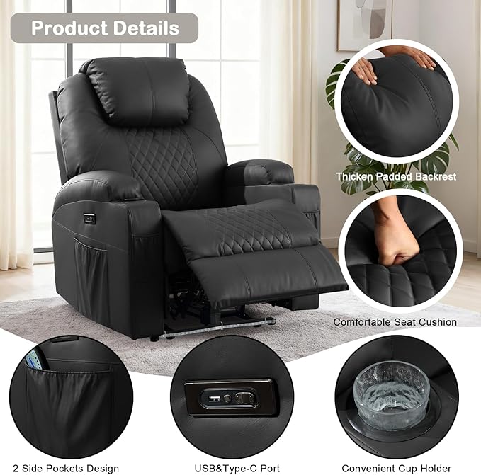 Power Recliner Chair with Heat and Massage for Adults - Home Theater Seating with LED LightsCup HoldersSide PocketUSB Port - Recliner Sofa for Living Room (Black Set of 2)