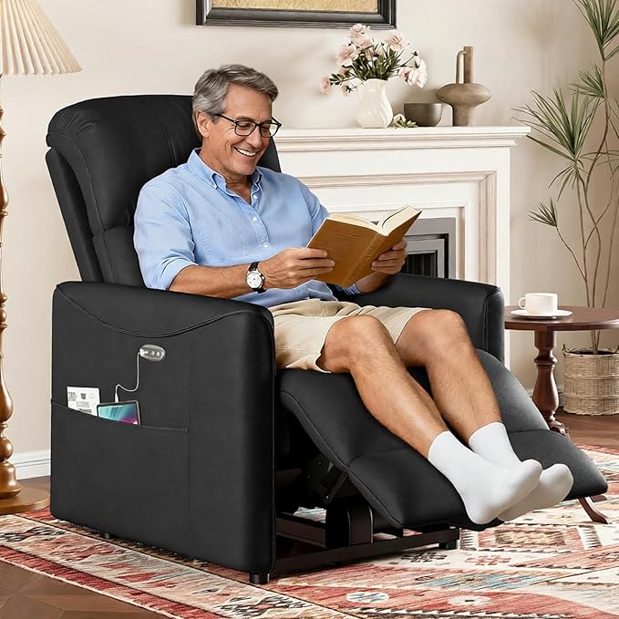 Power Recliner Chair Reclining Chair PU Leather Small Recliners for Small Spaces Infinite Position Electric Recliner Chairs for Adults Electric Recliners with USB Port &amp Side Pocket Black