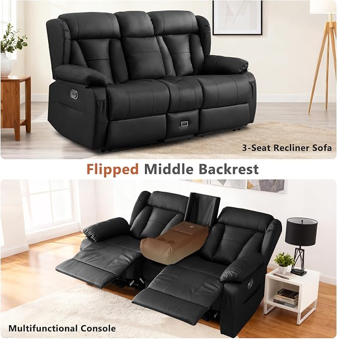 Loveseat Recliner Sofa with Console Flip Middle Backrest Design Manual Reclining Loveseat Sofa with Storage Drawer USB Ports &amp Cup Holders Manual Couch for Living Room Black