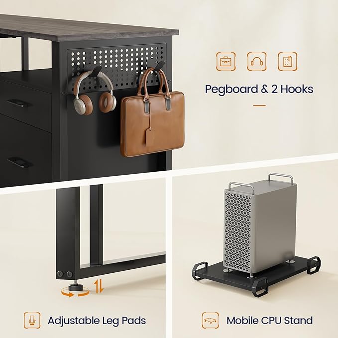 71 in Executive Desk with Power Outlets Reversible L Shaped Computer Desk with File Drawers &amp Storage Shelves Large Office Desk with Pegboard Mobile CPU Stand Modern Corner Desk (Grey)