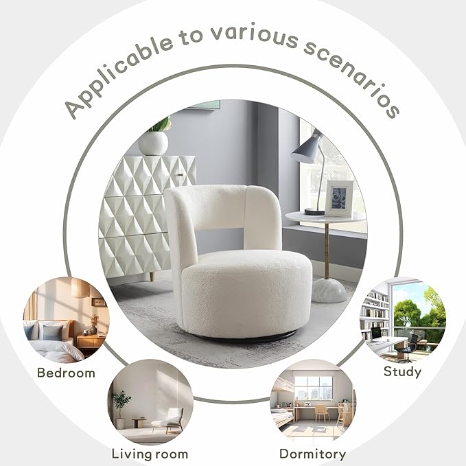 Swivel Accent Chair 360° Swivel Comfy Upholstered Seat for Living Room Bedroom Office Swivel Barrel Chair in Soft Teddy Fabric for Makeup Vanity &amp Waiting Room(White)