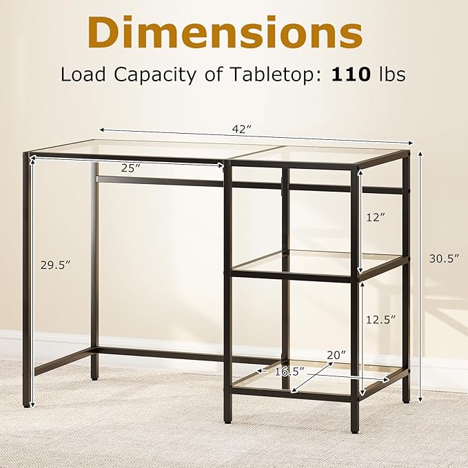 GOFLAME Computer Desk with Shelves 42” Home Office Desk with Metal Frame Tempered Glass Study Writing Table Modern Simple PC Desk for Living Room Bedroom (Black)