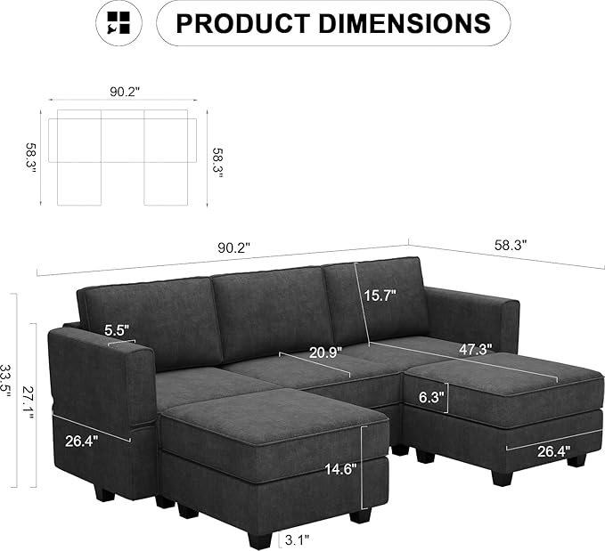 Belffin Modular Sectional Sofa Fabric U Shaped Couch Double Chaise Sectional Couch Convertible Ottoman Sofa with Storage Black