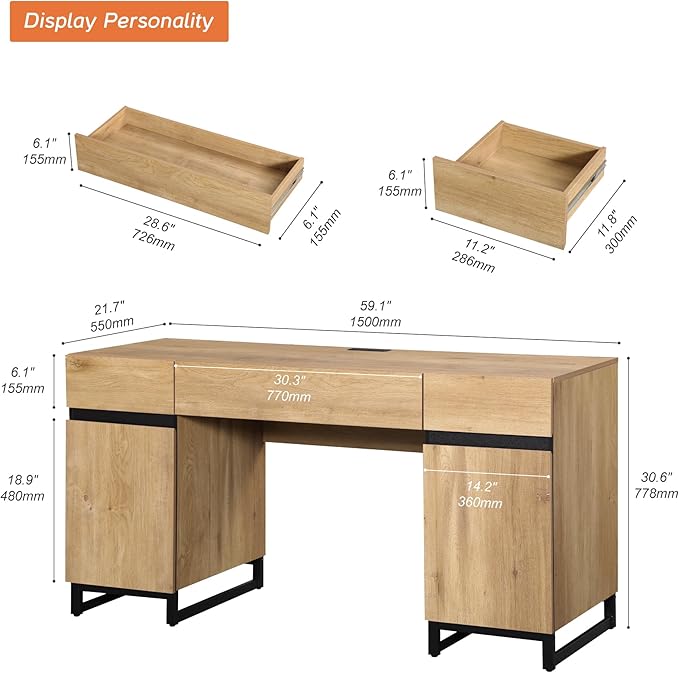 WAMPAT 59 Modern Executive Desk with Drawers Home Office Computer Desk with Charging Station File Drawer Storage Cabinet Wood Writing Desk for Work and Study Oak