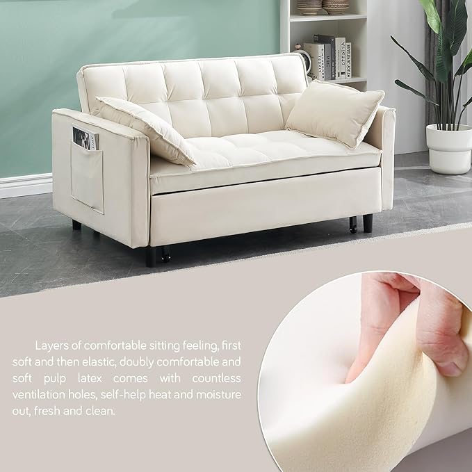 3 In 1 Velvet Convertible Sofa Bed Pull Out Couch Bed with Reclining Backrest And 2 Pillows 54 Full Size Loveseat Sleeper Sofa Futon Couch Bed Couches For Small Spaces Living Room (White)