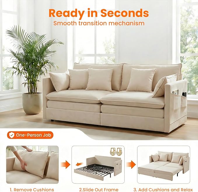 CECER 78 King Size Pull Out Sofa BedIce Velvet Pull Out Couch with Side Pocket3-in-1 Convertible Sleeper Sofa with 4 Pillows for Small Space/Living Room/Bedroom（Beige）