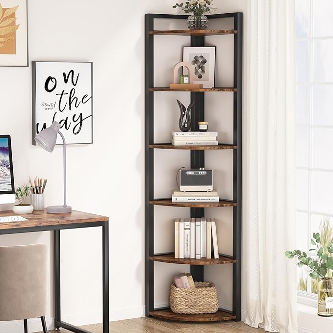 LITTLE TREE 6-Tier Corner Shelf 70.86 Industrial Corner Bookshelf with Metal Frame Narrow Tall Corner Bookcase for Living Room Home Office Kitchen