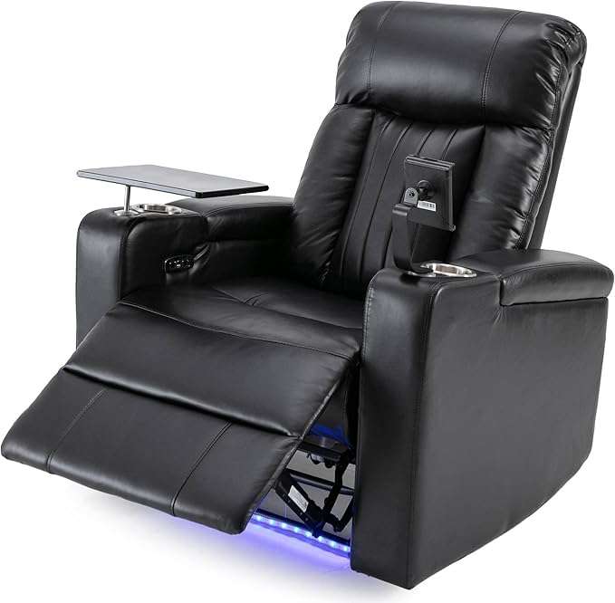 Black Power Recliner Chair with Cupholders &amp Storage - Armchair Electric Reclining with USB Port 360° Swivel Tray Table Cell Phone Stand Ambient Lighting Leather Living Room Chair for Home The