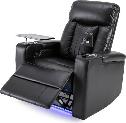 Black Power Recliner Chair with Cupholders &amp Storage - Armchair Electric Reclining with USB Port 360° Swivel Tray Table Cell Phone Stand Ambient Lighting Leather Living Room Chair for Home The
