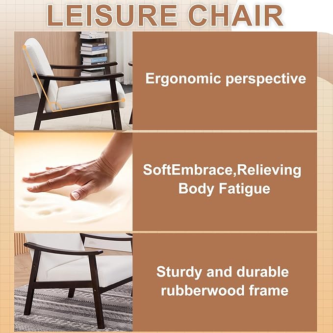 Mid-Century Modern Accent Chair Modern Armchair with High Back Upholstered Armchair with Solid Wood Legs Leisure Lounge Reading Chair for Living Room or Bedroom (Ancient White)