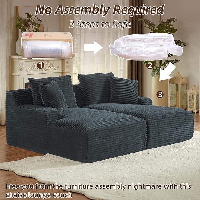 Oversized Double Chaise Lounge Chair IndoorWide Corduroy Boneless Chaise Lounges Sofa Comfy Upholstered Cloud Couch No Assembly Required Loveseat Sleeper Chair Bed for Living Room(Dark Grey)