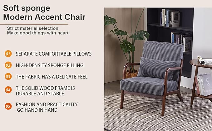 Mid Century Modern Accent Chair with Waist CushionComfy Upholstered Lounge Chair Ergonomic Reading Chair with Solid Rubberwood Frame for Living Room Bedroom (Antique Dark Grey+Brown)