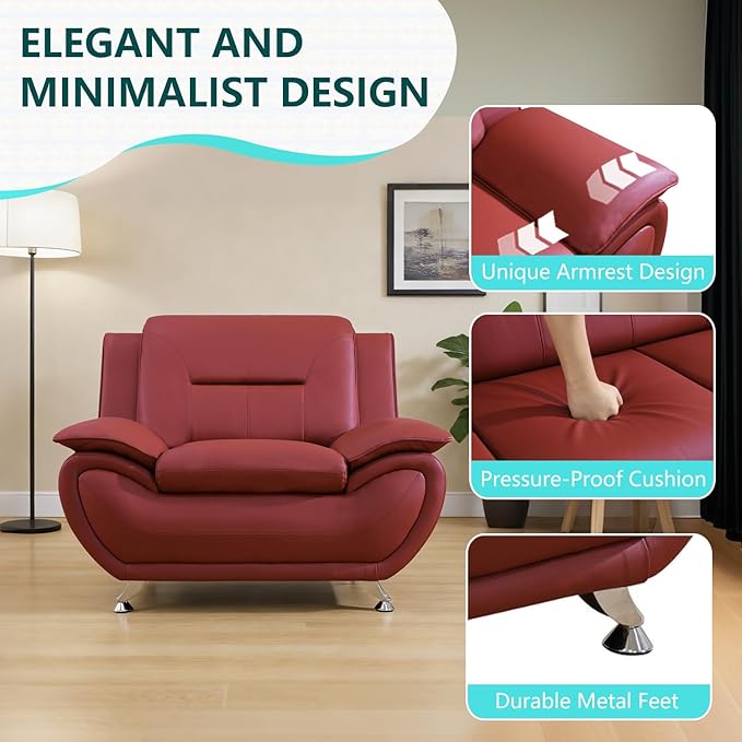 3 Piece Living Room Furniture Sets Faux Leather Sofa Set Modern Sofa Couches with Sturdy Legs Office Sectional Sofa Set Easy Clean Loveseat Couch Chair for Living Room/Bedroom/Office Red