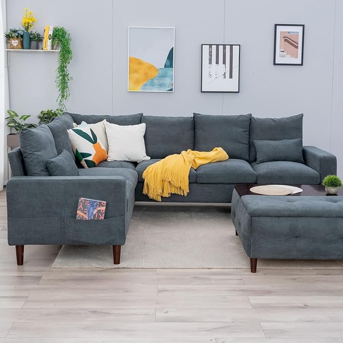 Panana Modern Upholstered L-Shape Sectional Sofa 2 Seater + 3 Seater Corner Couch for Living Room (Grey)