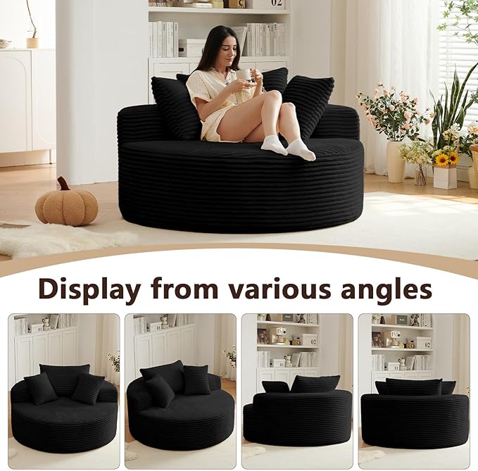 55'' Oversized Round Chair Lounge Chaise Indoor Cloud Boneless Large Circle Chair with Plush Corduroy No Assembly Required Fluffy Modern Sleeper Sofa Bed for Reading Living Room Bedroom(Black)