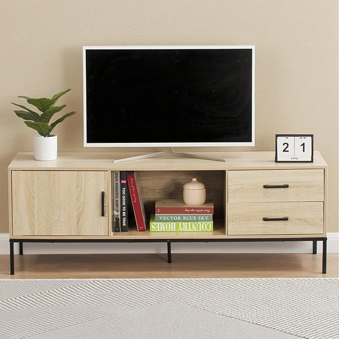 TV Stand for 55/60 Inch TV Modern Wood Entertainment Center with Storage 52 Media Console Table with 2 Drawers &amp Door Cabinet Television Stands for Living Room &amp Bedroom(Burlywood)