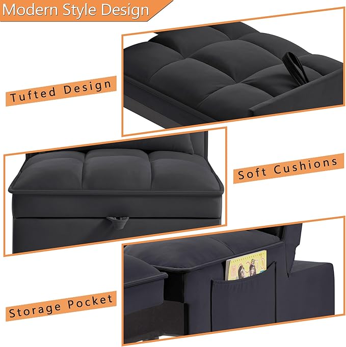 4 in 1 Bouncer with Pull-Out Bed Convertible Slip on Sofa Chair with Storage Pockets and Adjustable Backrest Comfortable Folding Footrest Bed Living Room (Black)