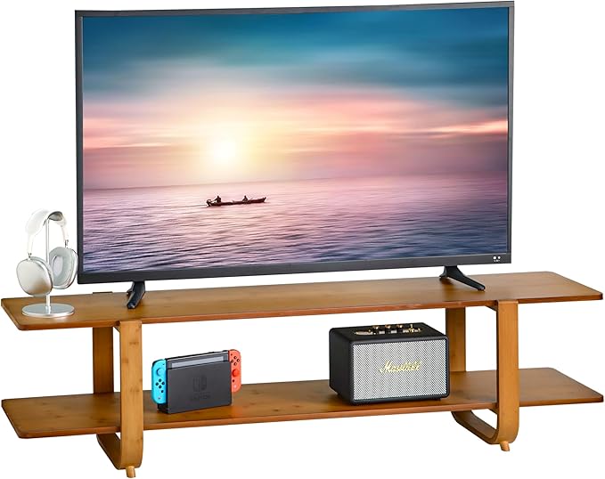 Bamboo TV Stand for TVs up to 65 Media TV Console Table with Storage Accent Entertainment Center with Shelf Modern TV Stand for Living Room Bedroom 55(L) Walnut