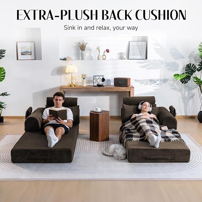 79 Corduroy Sofa Bed Sleeper Couch 6-in-1 Convertible Boneless Floor Futon Loveseat High-Density Foam Couch in a Box with 2 Headrest Pillows No Assembly Brown