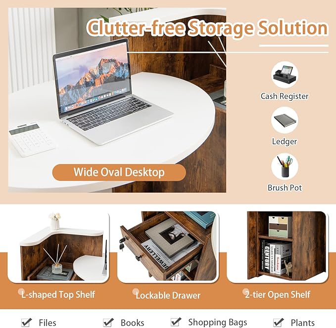 Reception Desk Small Retail Checkout Counter with Lockable Drawer and Open Shelves Wooden Front Desk Reception Counter Oval Desktop &amp L Counter for Store Office Lobby Salon (Brown)