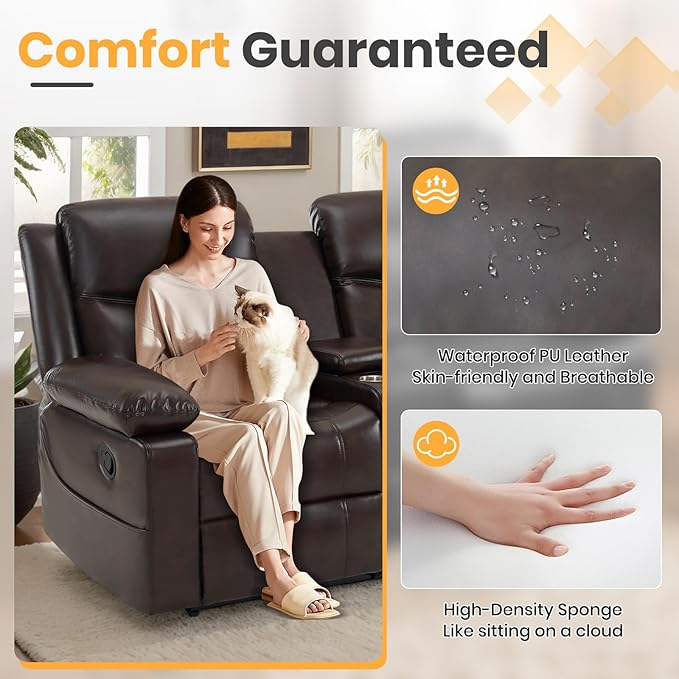 Loveseat Recliner Sofa with Massage &amp Heating Reclining Loveseat with Console RV Wall Hugger Double Loveseat Recliner Couch for Living Room &amp Home Theater (Brown)