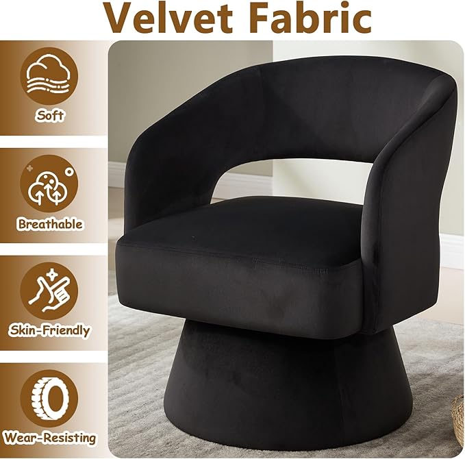 Swivel Accent Chair with Arms for Living Room Swivel Barrel Chairs with Backet for Small Space Velvet Round Chair for Bedroom (Black)