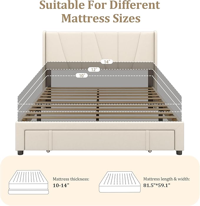 Queen Bed Frame with Storage Drawers Upholstered Queen Size Platform Bed with 47 Tall Headboard and Wingboard No Box Spring Needed Noise Free Easy Assembly Wooden Support Slats Beige