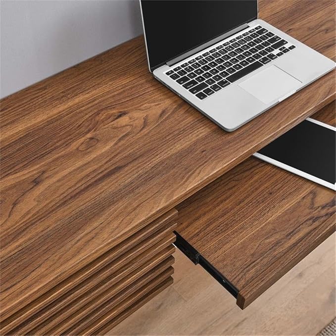 Pemberly Row Wall Mount Office Desk 60 in Wide Particleboard and Wood Walnut Finish Pull-Out Keyboard Tray Cable Management Full-Extension Glide Drawers Mid-Century Style for Home Office or