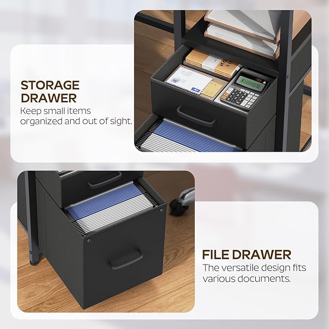 L Shaped Computer Desk with Adjustable Monitor Stand Gaming Desk with Power Outlets Office Desk with Fabric Drawer File Drawer and Hook for Living Room Home Office Black DN03UBB