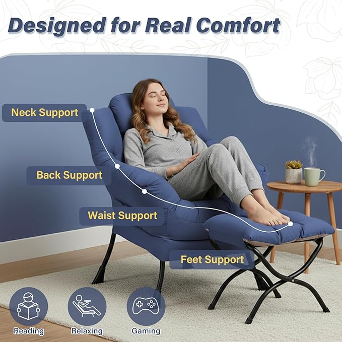 Lazy Chair and Ottoman Peach Blue Large Accent Chair with Side Pocket Modern Leisure Upholstered Sofa Reading Armchair with Footrest for Office Bedroom Living Room Dorm Rooms Balcony