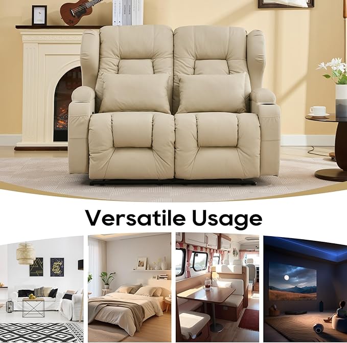 IPKIG 54 Loveseat Recliner Sofa - 2 Seater Reclining Sofa with Side Pockets Cup Holders Lumbar Pillows Manual Recliner (Beige 54 Loveseat)