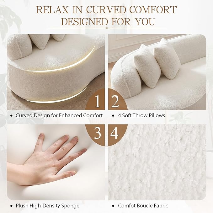 114 Modular Curved Cloud Couch Oversized Sectional Sofa for Living Room Modern Boneless 4-Seater Luxury Plush Boucle with Deep Seat Ideal for Living Room Office Apartment No Assembly White